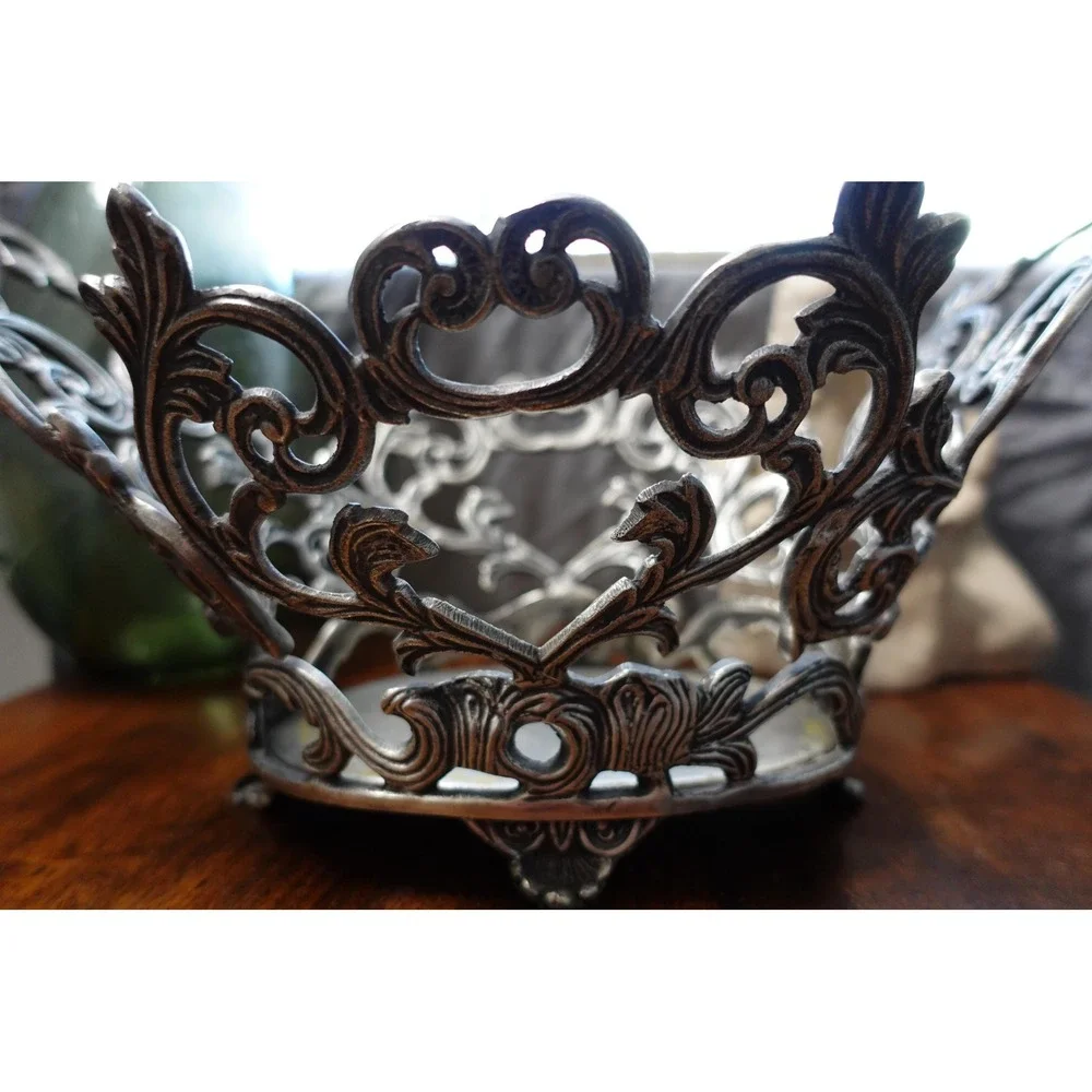 vintage pewter oval Victorian basket‎ ornate decor metal freestanding